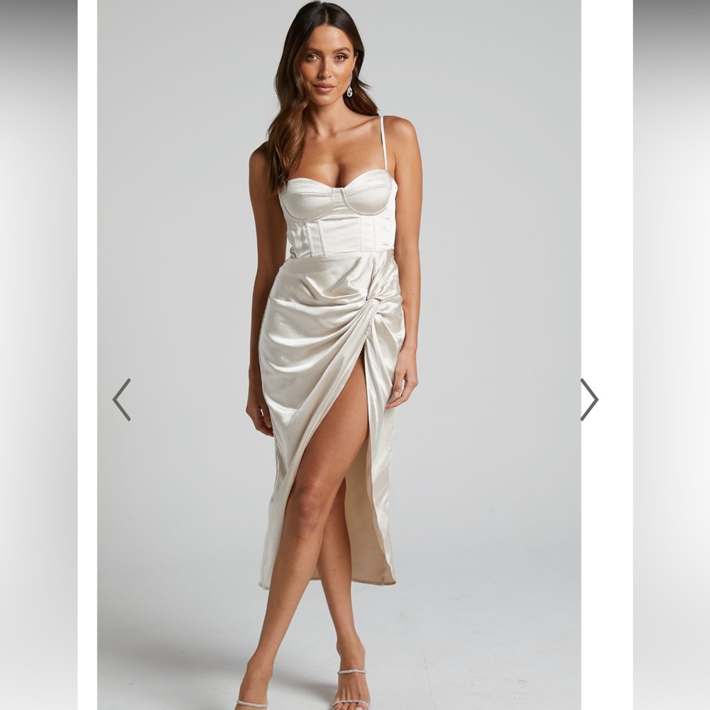 Showpo MIKAILA MIDI DRESS - KNOT FRONT SPLIT CORSET DRESS IN OYSTER